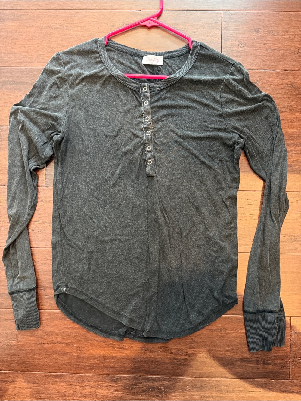 Pink Lily Dark Gray Long Sleeve Henley Top